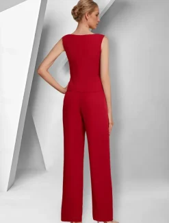 Pantsuit 3 Piece Mother of the Bride Elegant V Neck Floor Length Stretch Fabric Long Sleeve Wrap Included with Solid Color