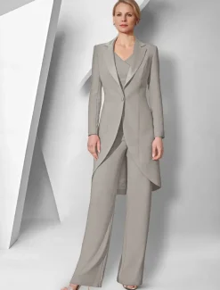 Pantsuit 3 Piece Mother of the Bride Elegant V Neck Floor Length Stretch Fabric Long Sleeve Wrap Included with Solid Color