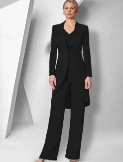 Pantsuit 3 Piece Mother of the Bride Elegant V Neck Floor Length Stretch Fabric Long Sleeve Wrap Included with Solid Color