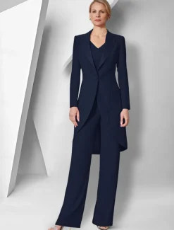 Pantsuit 3 Piece Mother of the Bride Elegant V Neck Floor Length Stretch Fabric Long Sleeve Wrap Included with Solid Color