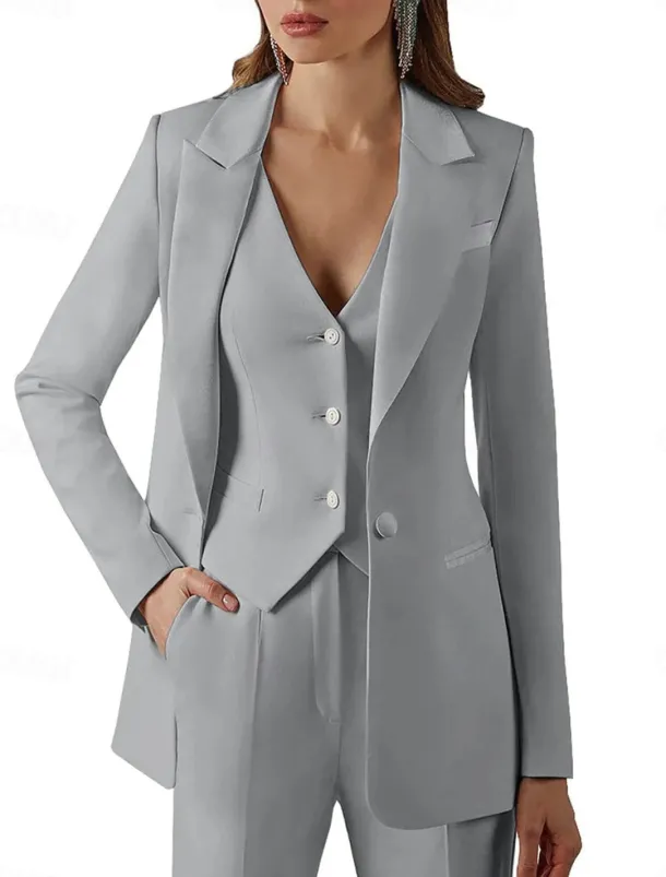 Pantsuit 3 Piece Pantsuit Mother of the Bride Vintage Simple Minimalist Lapel Floor Length Stretch Fabric Long Sleeve with Buttons