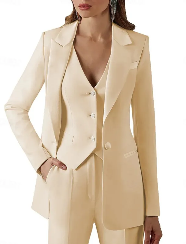 Pantsuit 3 Piece Pantsuit Mother of the Bride Vintage Simple Minimalist Lapel Floor Length Stretch Fabric Long Sleeve with Buttons