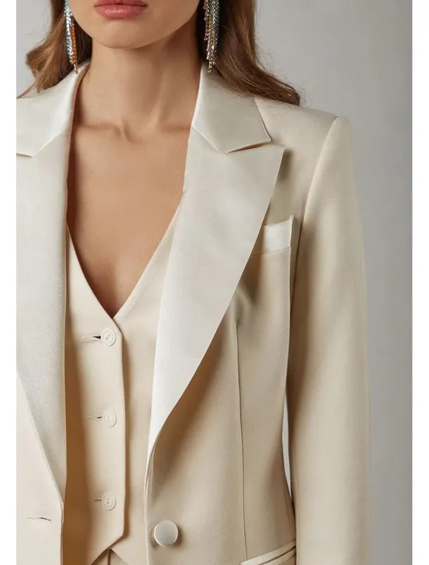 Pantsuit 3 Piece Pantsuit Mother of the Bride Vintage Simple Minimalist Lapel Floor Length Stretch Fabric Long Sleeve with Buttons