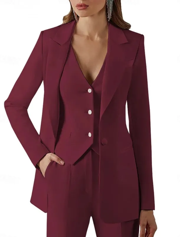 Pantsuit 3 Piece Pantsuit Mother of the Bride Vintage Simple Minimalist Lapel Floor Length Stretch Fabric Long Sleeve with Buttons