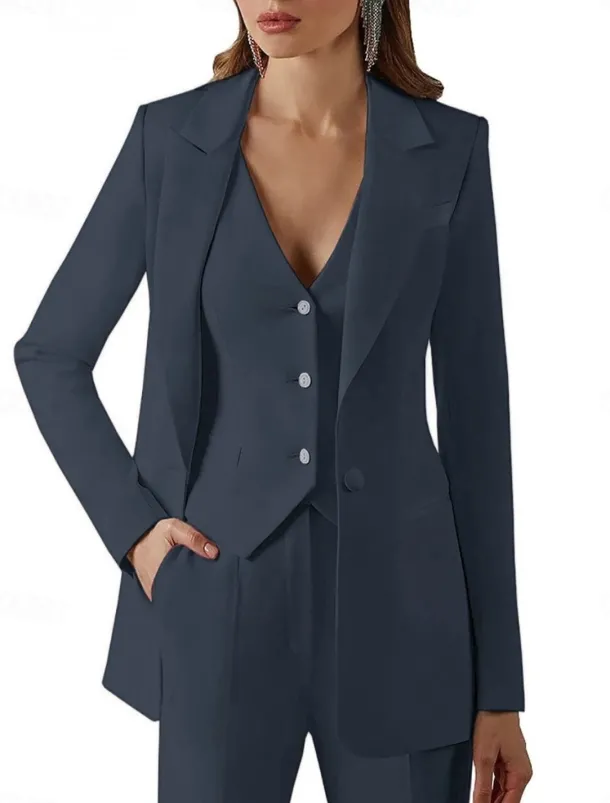 Pantsuit 3 Piece Pantsuit Mother of the Bride Vintage Simple Minimalist Lapel Floor Length Stretch Fabric Long Sleeve with Buttons