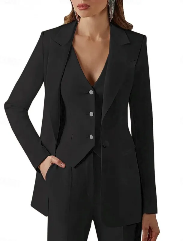 Pantsuit 3 Piece Pantsuit Mother of the Bride Vintage Simple Minimalist Lapel Floor Length Stretch Fabric Long Sleeve with Buttons