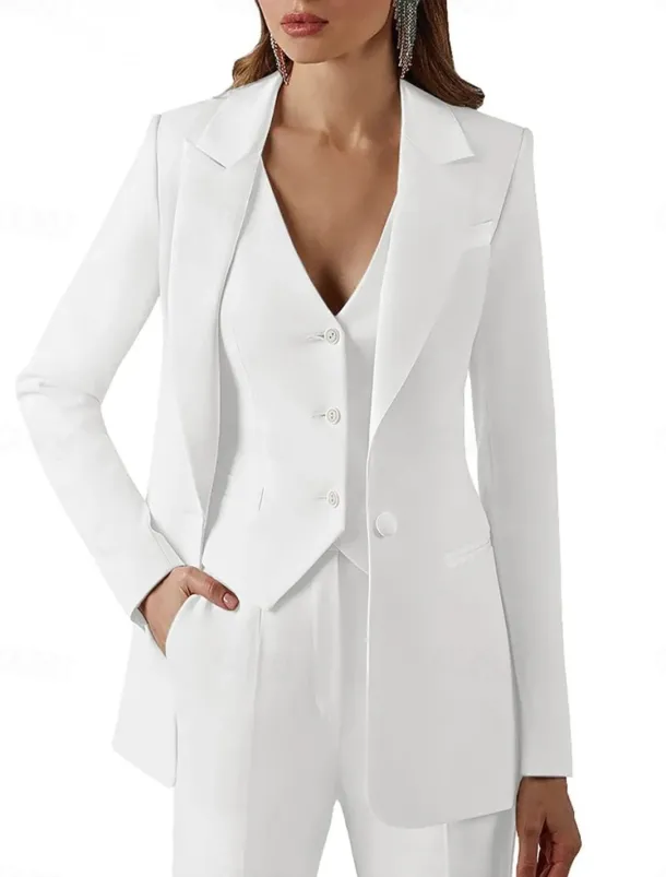 Pantsuit 3 Piece Pantsuit Mother of the Bride Vintage Simple Minimalist Lapel Floor Length Stretch Fabric Long Sleeve with Buttons