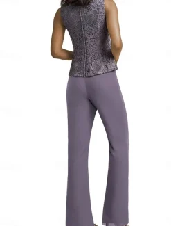Pantsuit Mother of the Bride Dress Wedding Guest Elegant Simple Scoop Neck Floor Length Polyester Long Sleeve with Appliques Solid Color