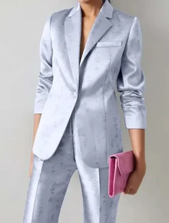 Pantsuit Mother of the Bride Elegant Vintage Simple Floral Print Blazer Notched Lapel Floor Length Satin Long Sleeve with Buttons