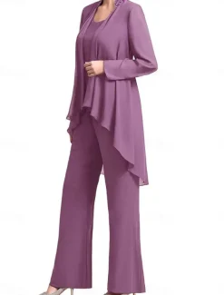 Pantsuit Mother of the Bride Dress Wedding Guest Elegant Simple Jewel Neck Floor Length Chiffon Long Sleeve with Solid Color