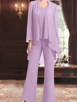 Pantsuit Mother of the Bride Dress Wedding Guest Elegant Simple Jewel Neck Floor Length Chiffon Long Sleeve with Solid Color