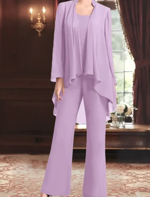 Pantsuit Mother of the Bride Dress Wedding Guest Elegant Simple Jewel Neck Floor Length Chiffon Long Sleeve with Solid Color
