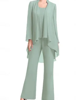 Pantsuit Mother of the Bride Dress Wedding Guest Elegant Simple Jewel Neck Floor Length Chiffon Long Sleeve with Solid Color