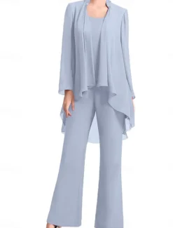 Pantsuit Mother of the Bride Dress Wedding Guest Elegant Simple Jewel Neck Floor Length Chiffon Long Sleeve with Solid Color