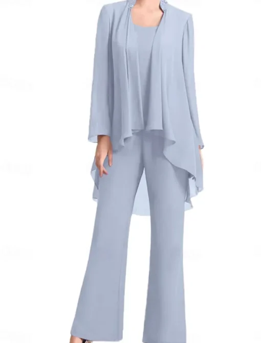 Pantsuit Mother of the Bride Dress Wedding Guest Elegant Simple Jewel Neck Floor Length Chiffon Long Sleeve with Solid Color