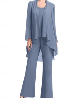 Pantsuit Mother of the Bride Dress Wedding Guest Elegant Simple Jewel Neck Floor Length Chiffon Long Sleeve with Solid Color