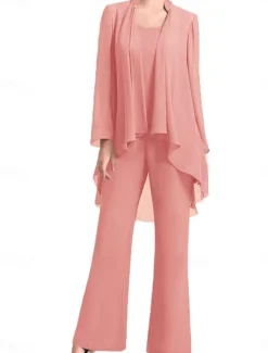 Pantsuit Mother of the Bride Dress Wedding Guest Elegant Simple Jewel Neck Floor Length Chiffon Long Sleeve with Solid Color