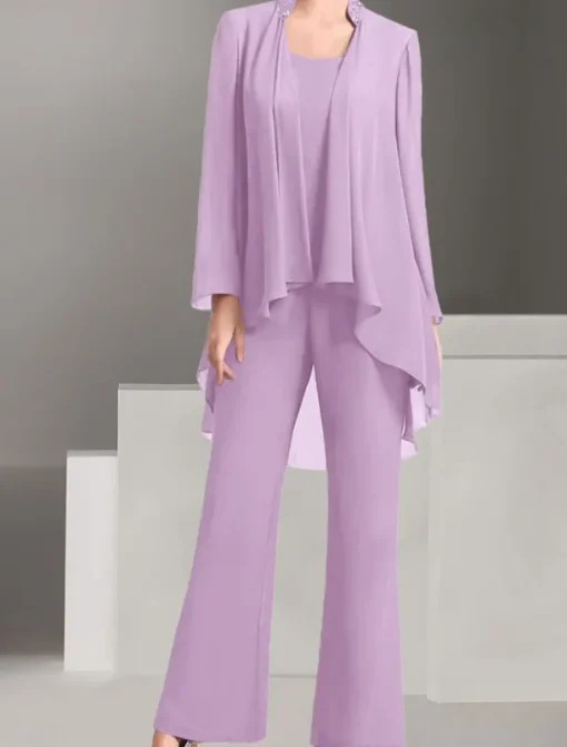 Pantsuit Mother of the Bride Dress Wedding Guest Elegant Simple Jewel Neck Floor Length Chiffon Long Sleeve with Solid Color