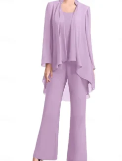 Pantsuit Mother of the Bride Dress Wedding Guest Elegant Simple Jewel Neck Floor Length Chiffon Long Sleeve with Solid Color