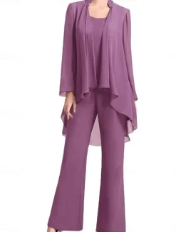 Pantsuit Mother of the Bride Dress Wedding Guest Elegant Simple Jewel Neck Floor Length Chiffon Long Sleeve with Solid Color