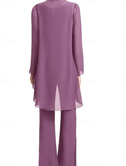 Pantsuit Mother of the Bride Dress Wedding Guest Elegant Simple Jewel Neck Floor Length Chiffon Long Sleeve with Solid Color