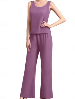 Pantsuit Mother of the Bride Dress Wedding Guest Elegant Simple Jewel Neck Floor Length Chiffon Long Sleeve with Solid Color