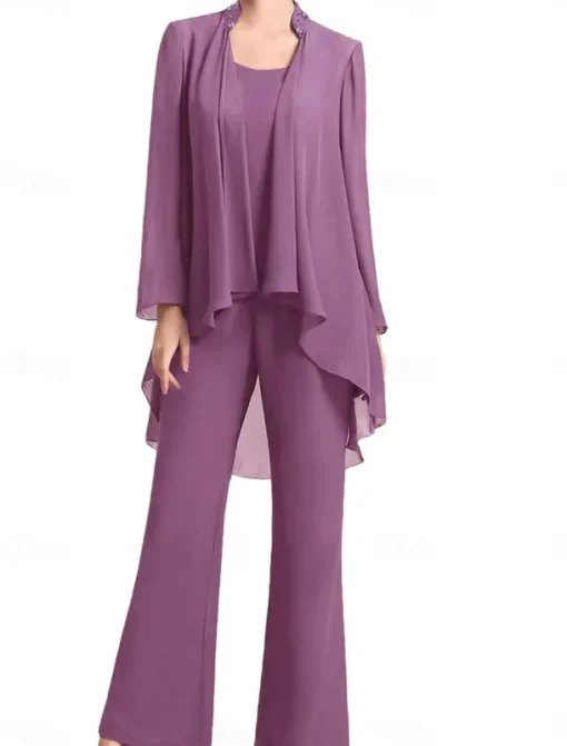Pantsuit Mother of the Bride Dress Wedding Guest Elegant Simple Jewel Neck Floor Length Chiffon Long Sleeve with Solid Color