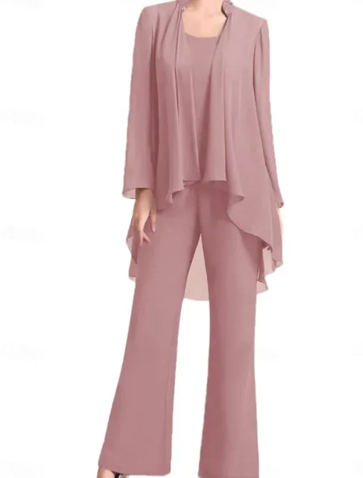 Pantsuit Mother of the Bride Dress Wedding Guest Elegant Simple Jewel Neck Floor Length Chiffon Long Sleeve with Solid Color