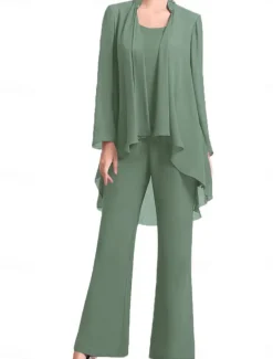 Pantsuit Mother of the Bride Dress Wedding Guest Elegant Simple Jewel Neck Floor Length Chiffon Long Sleeve with Solid Color