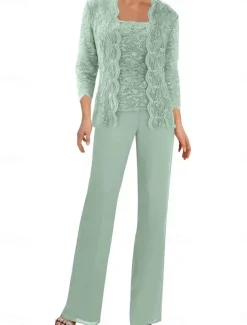 Pantsuit Mother of the Bride Dress Wedding Guest Elegant Simple Square Neck Floor Length Polyester 3/4 Length Sleeve with Solid Color