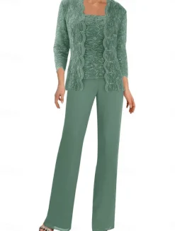 Pantsuit Mother of the Bride Dress Wedding Guest Elegant Simple Square Neck Floor Length Polyester 3/4 Length Sleeve with Solid Color