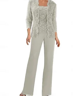 Pantsuit Mother of the Bride Dress Wedding Guest Elegant Simple Square Neck Floor Length Polyester 3/4 Length Sleeve with Solid Color