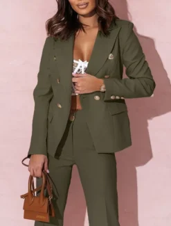 Pantsuit Mother of the Bride Pantsuit Elegant Blazer Lapel Floor Length Long Sleeve with Metal Buttons Solid Color