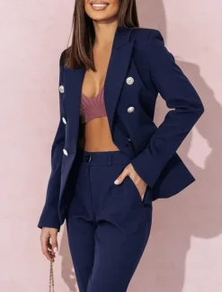 Pantsuit Mother of the Bride Pantsuit Elegant Blazer Lapel Floor Length Long Sleeve with Metal Buttons Solid Color