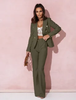 Pantsuit Mother of the Bride Pantsuit Elegant Blazer Lapel Floor Length Long Sleeve with Metal Buttons Solid Color