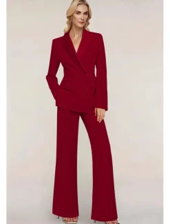 Pantsuit Mother of the Bride Tuxedo Wedding Guest Elegant Ankle Length Long Sleeve with Buttons Solid Color free custom size