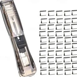 Paper Clam Clip Dispenser Handheld File Document Clipper with 50 Reuseable Stainless Steel Refill Clips for Home Office School