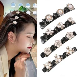 parkling Crystal Stone Braided Hair Clips with 3 Small Clips Pearl shaped hairpin duckbill clipBraided Hair Clip with Rhinestones for Women/Girls