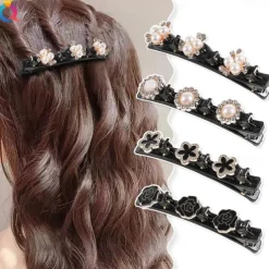 parkling Crystal Stone Braided Hair Clips with 3 Small Clips Pearl shaped hairpin duckbill clipBraided Hair Clip with Rhinestones for Women/Girls