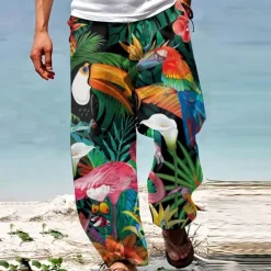 Parrot Tropical Hawaiian Men's Resort 3D Printed Casual Pants Trousers Loose Fit Straight-Leg Elastic Waist Drawstring Polyester Aloha Hawaiian Summer Beach Pants S TO 3XL