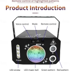 Party Light Indoor Disco Ball Light – Sound Activated DJ LED Stage Lights with Pattern Projection & Remote Control, Perfect Gift for Parties and Events