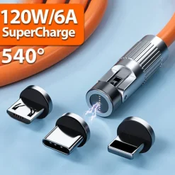 Passenger Cable Rotating Magnetic Cable 540 Degrees Fast Charging Silicone TYPEC Triple Hand Travel Magnetic Cable Charging Cable