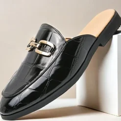 Patent Leather Moccasins for Men - Sophisticated Slip-On with Metal Buckle for Business and Casual Wear