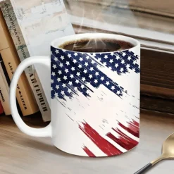 Patriotic American Flag Mug Dripping USA Flag Design White 11oz Coffee Cup Independence Day Veterans Military Gift for Men Women Dad Mom July 4th Christmas