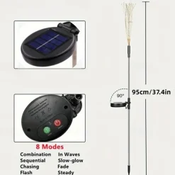 1pc, 200/150/120/90 LED Solar Outdoor Fireworks Lights 8 Modes Waterproof Fairy Lights DIY Decor Solar Lawn Lights for Pathway Garden Patio Yard Party Wedding Holiday Christmas Decoration