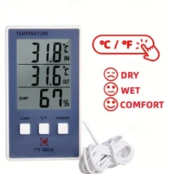 1pc Accurate Digital Thermometer and Hygrometer with LCD Display and Probe Sensor for Indoor and Outdoor Temperature and Humidity Measurement