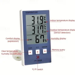 1pc Accurate Digital Thermometer and Hygrometer with LCD Display and Probe Sensor for Indoor and Outdoor Temperature and Humidity Measurement