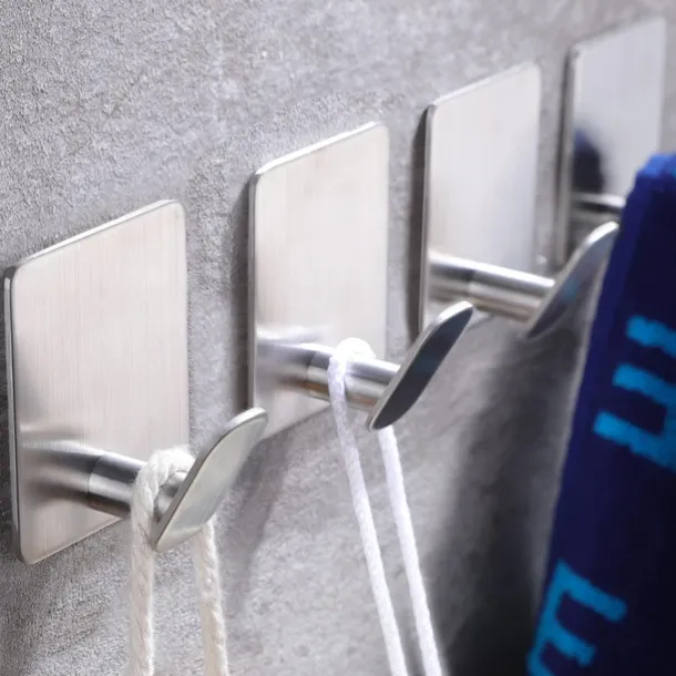 1pc Adhesive Towel Hooks on Wall: Robe Hooks for Hanging Clothes Hats Stick on Bathroom/Kitchen SUS 304 Stainless Steel Silver Black Hooks