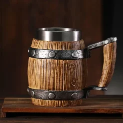 1pc Antique Viking Beer Mug - Wooden Barrel Cup with Stainless Steel Liner - Perfect Gift for Beer Lovers