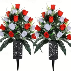 1pc Artificial Cemetery Flowers, Rose Flowers, Outdoor Grave Decorations Roses, Lasting & Non-Bleed Colors, Red & White, Without Cemetery Vase